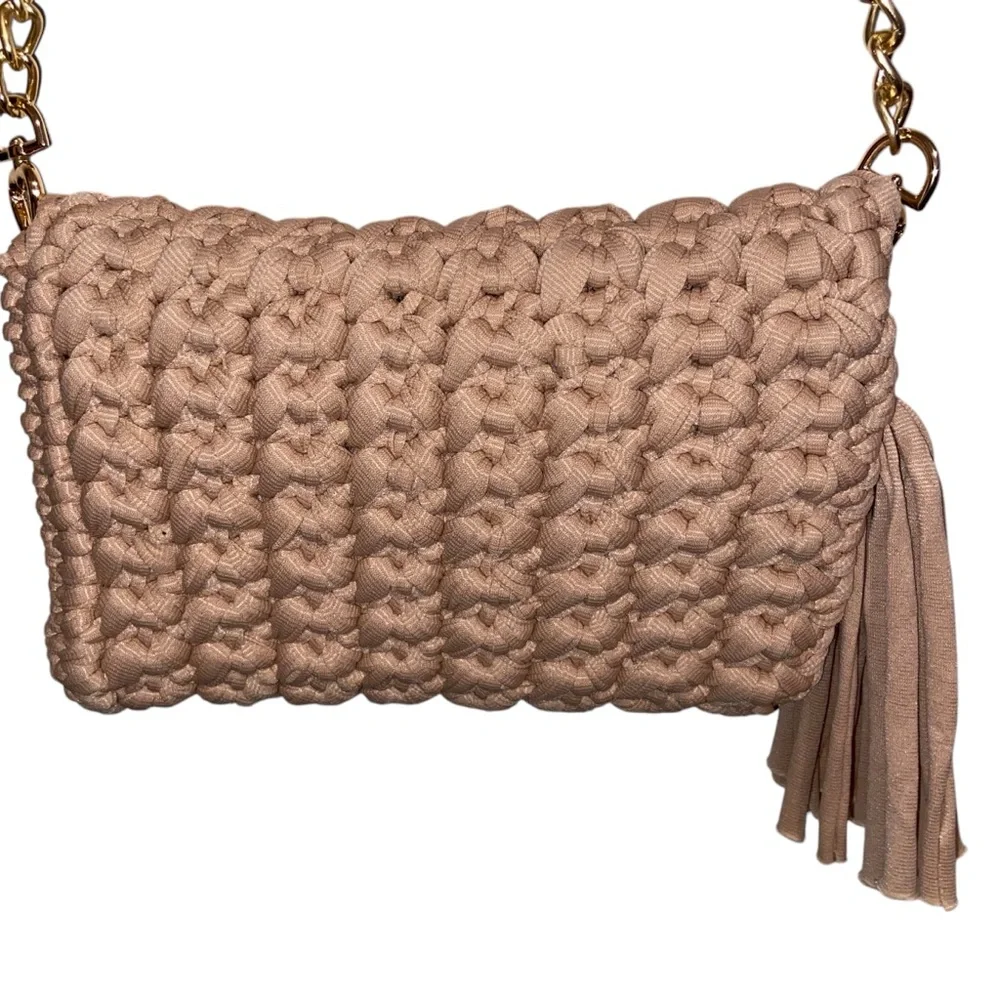Tamille Crochet Bag Womens Purse Woven Gold Chain Leather Shoulder Strap Beige